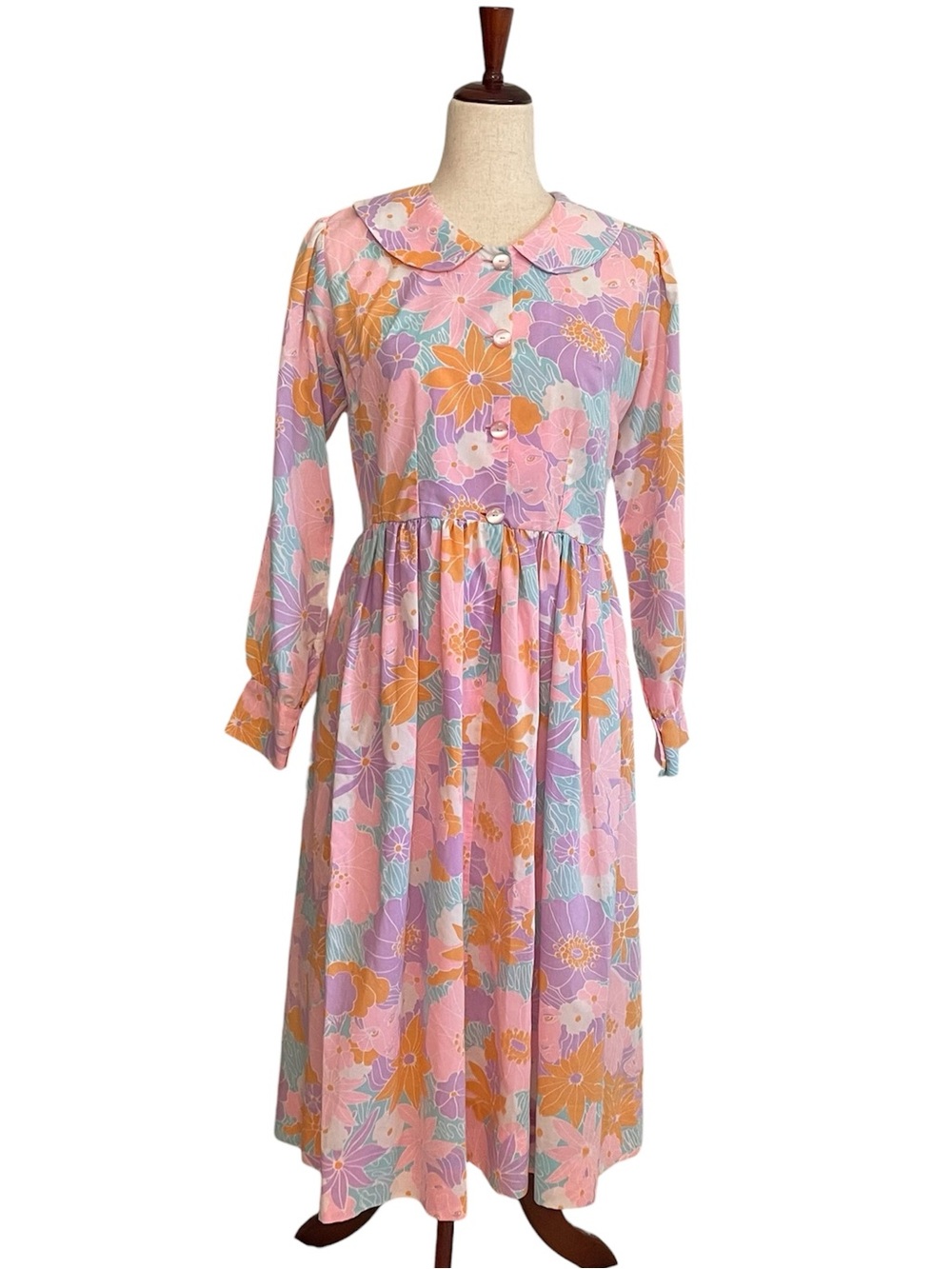 Vintage Handmade Women’s Peter Pan Collar Floral Henley Midi Dress, Pink Medium